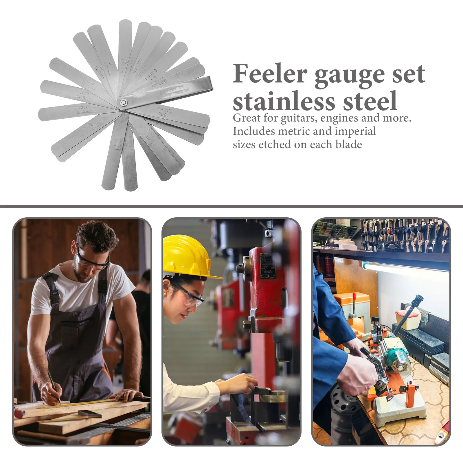 Imagen 3: 1 Juego de medidor de espesor de acero inoxidable, herramienta de medición de espacio de válvula Imperial métrica de doble marca para motor de guitarra