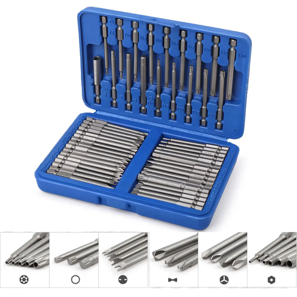 50pcs 75mm Extra Long 1/4 Inch Magnetic Screwdriver Bit Set Torx Star Hex Spline Screwdriver Bits Kit for Home Repair