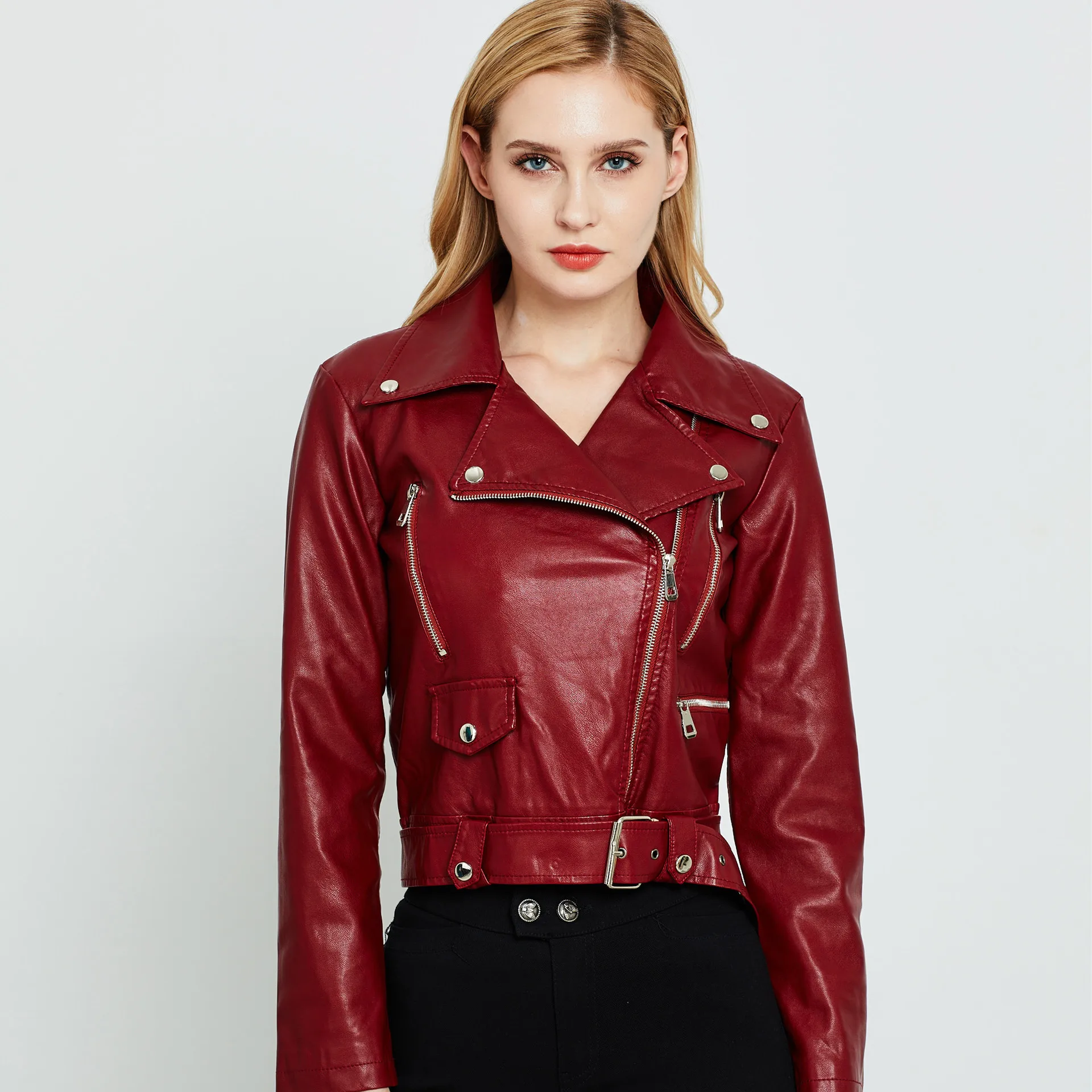 Women Faux PU Leather Coat Casual Lady Red Motorcycle Jacket Vintage Lapel Short Biker Jacket