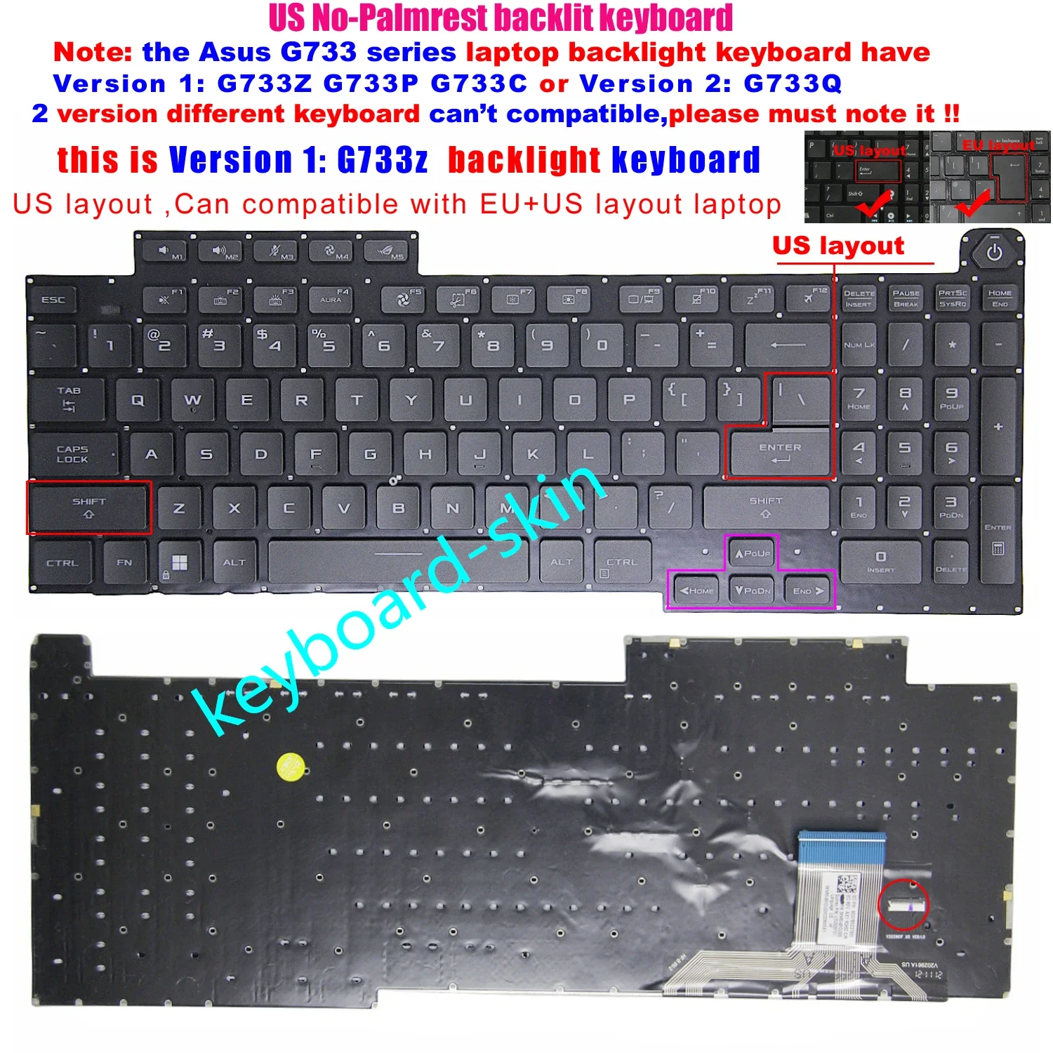 US Backlit No-Palmrest Keyboard For ASUS ROG Strix Scar G17 G733Z G733ZM G733ZW G733ZX,G733P G733PY G733PYV,G733C G733CW G733CX