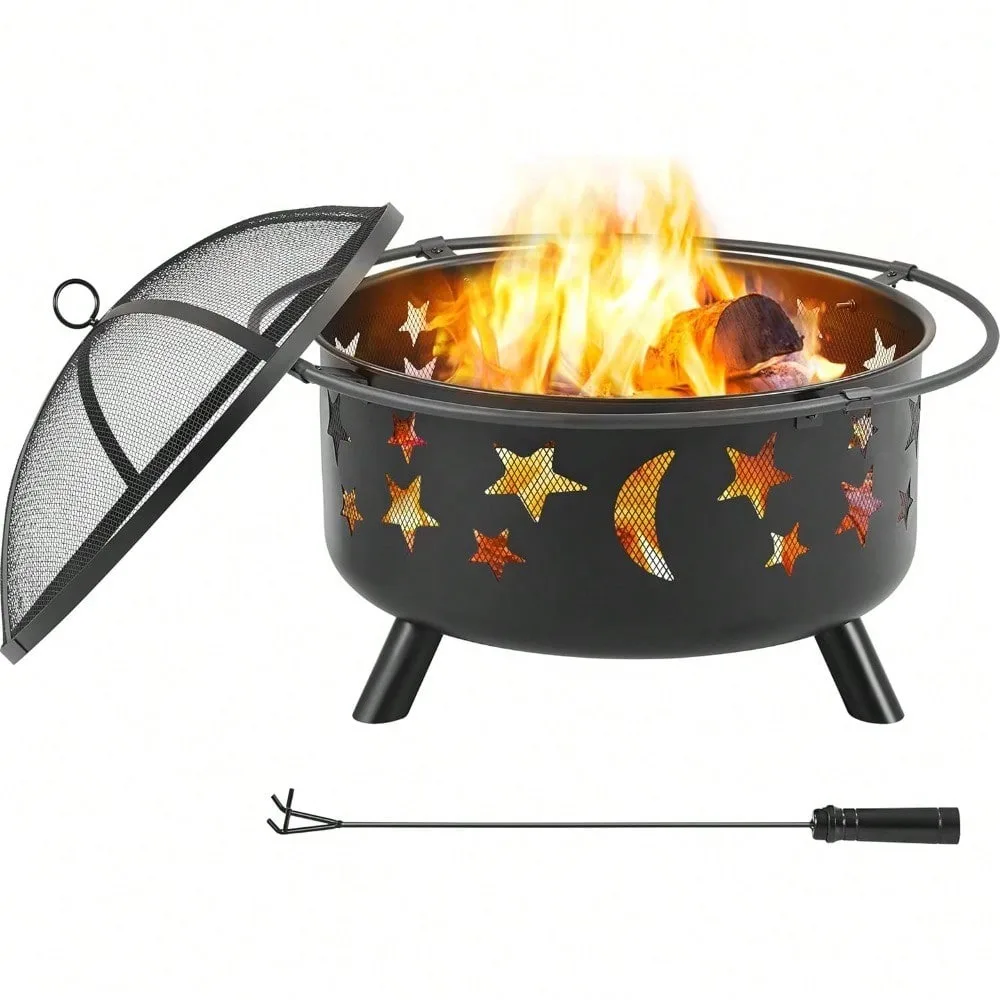 30 Inch Backyard Fire Pit Iron Brazier Wood Burning Coal with Sky Stars and Moons Pit Fire Bowl Stove