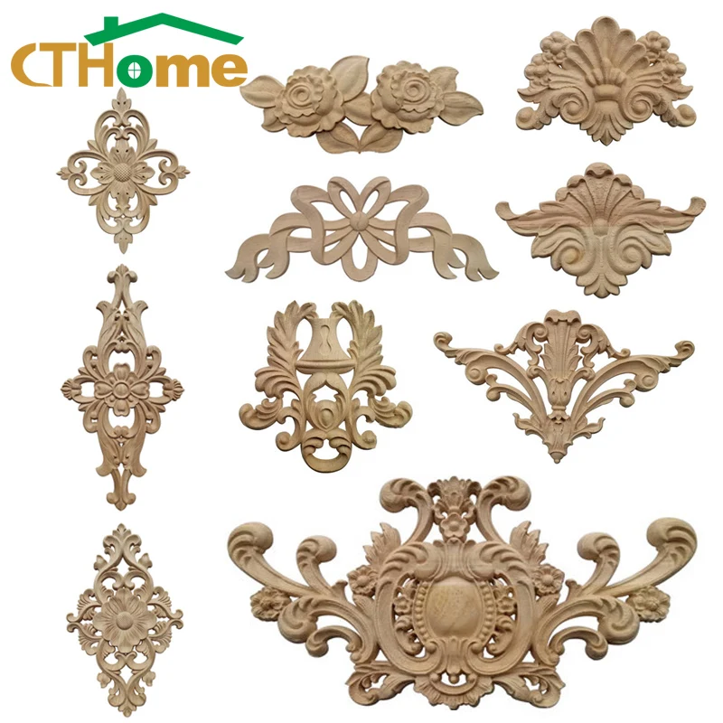 Wooden Figurines Crafts Unique Natural Floral Wood Carved Corner Appliques Frame Furniture Woodcarving for Home Furniture Decor