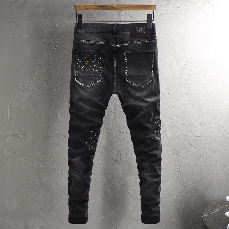 Street Fashion Men Jeans Retro Black Gray Stretch Slim Fit Patched Ripped Jeans Men Painted Designer Vintage Denim Pants Hombre