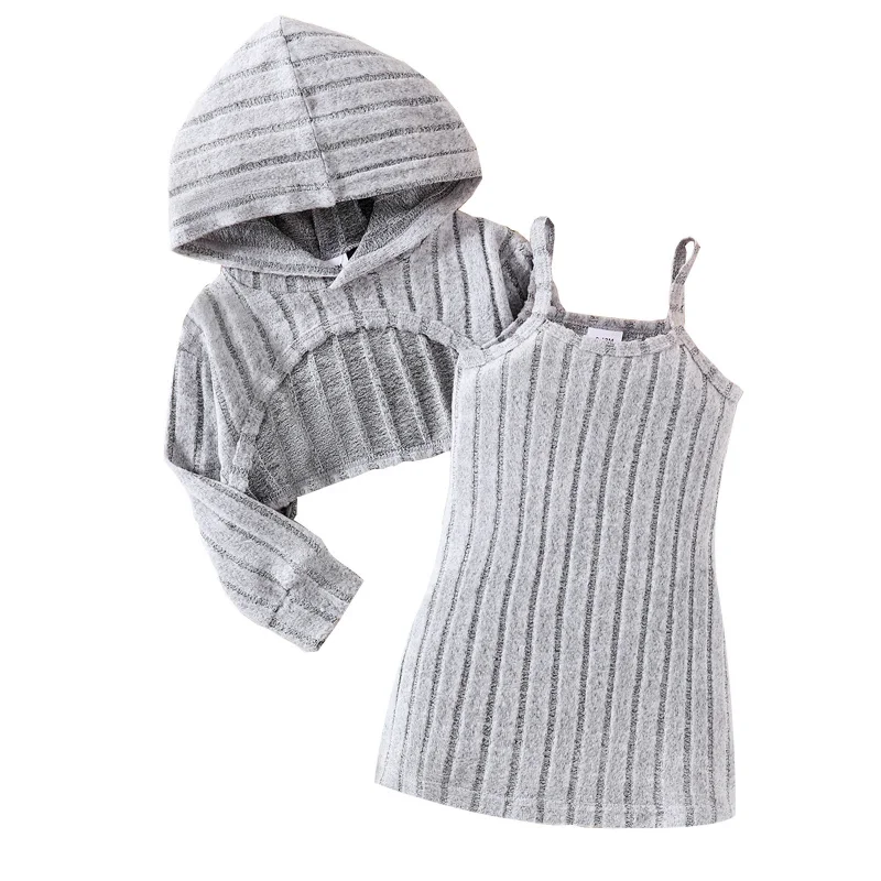 

Infant and Toddler Sweater Dress Set Long Sleeve Hooded Sweatshirt Striped Strap Dress Trendy