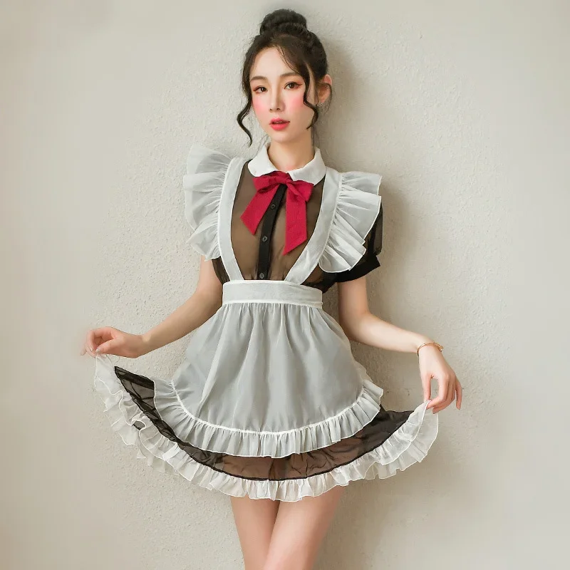 Slightly Transparent Sexy French Maid Apron Dress Party Club Nightclub Cosplay Lolita Uniform Bib Home Kitchen Couple Pinafore