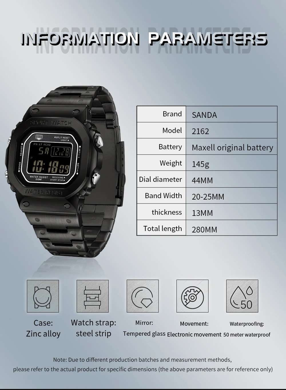 SANDA 2162 Mode Vierkant Heren Elektronisch Horloge Sport Multifunctioneel Waterdicht LED Countdown Heren Elektronisch Horloge Alarm