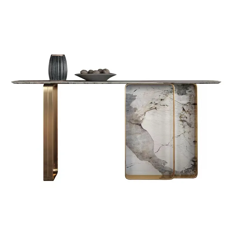 

Светлый роскошный мраморный входной столик. Современный простой стол с торцевым видом из каменной плиты. У стены. Входной столик из нержавеющей стали.