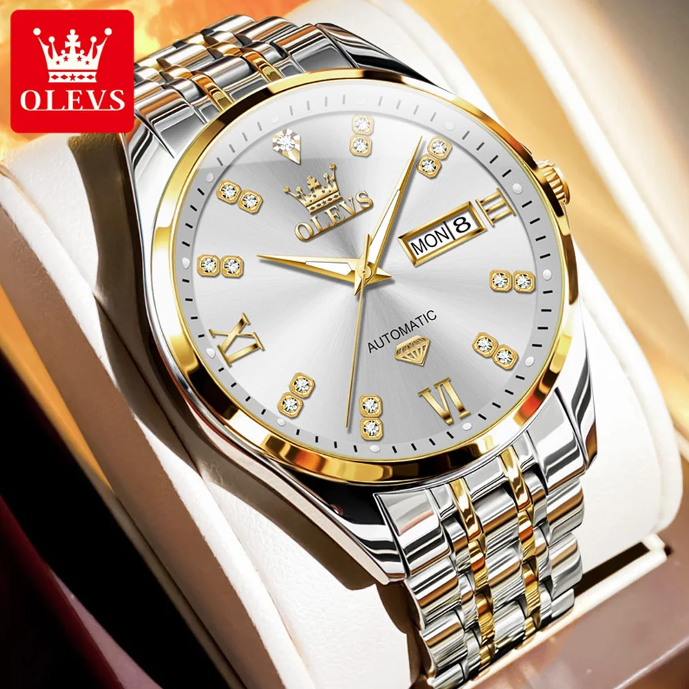 

OLEVS 9801 Original Men Automatic Watch Leisure Business Dual Calendar Waterproof Diamond Watch Luxury Men Mechanical Watch Gift