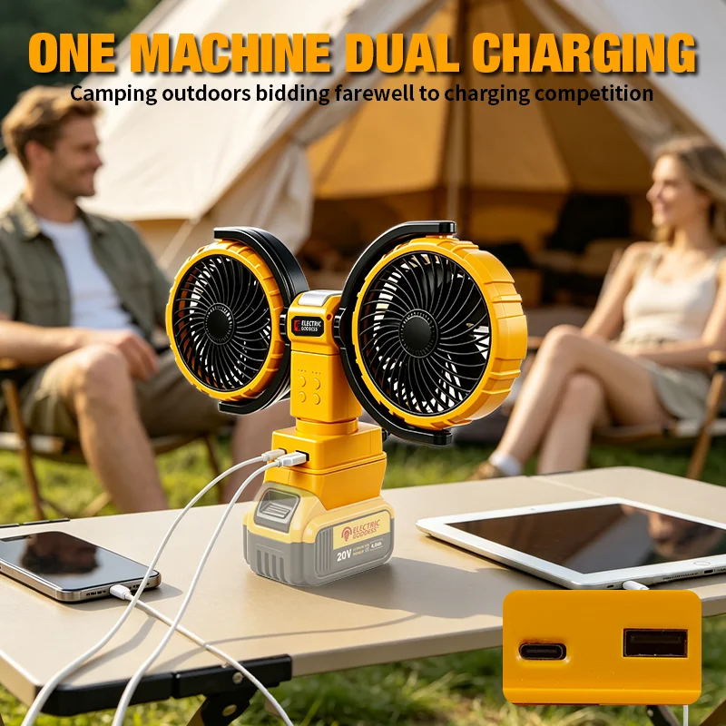 3000RPM Portable Dual Head Fan 360° Rotatable 3-Speeds Powerful Power Cooling Air Fan Low Noise Fan For Dewalt 20V Battery Pin view 4