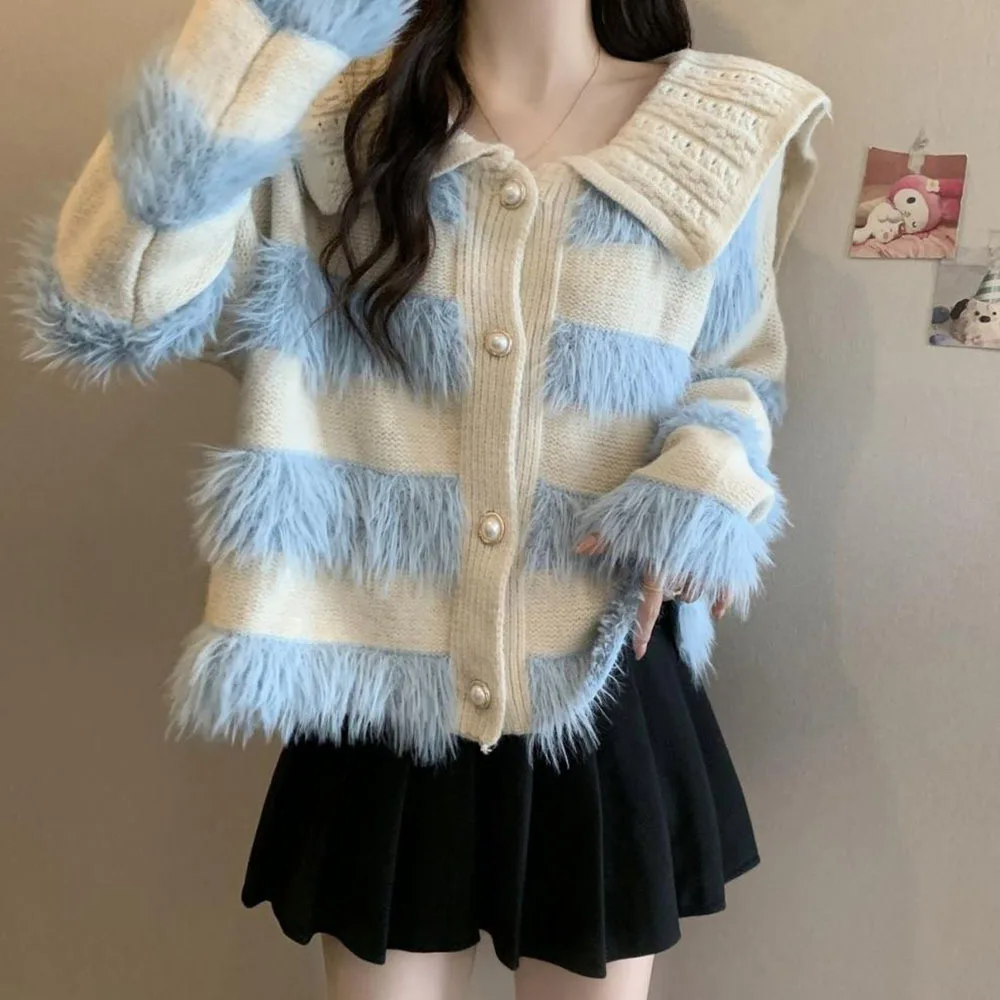 Autumn/Winter Doll Collar Knitted Shirt Striped Sweater Jacket Women's Autumn/Winter 2024 New Lazy Style Cardigan Jacket