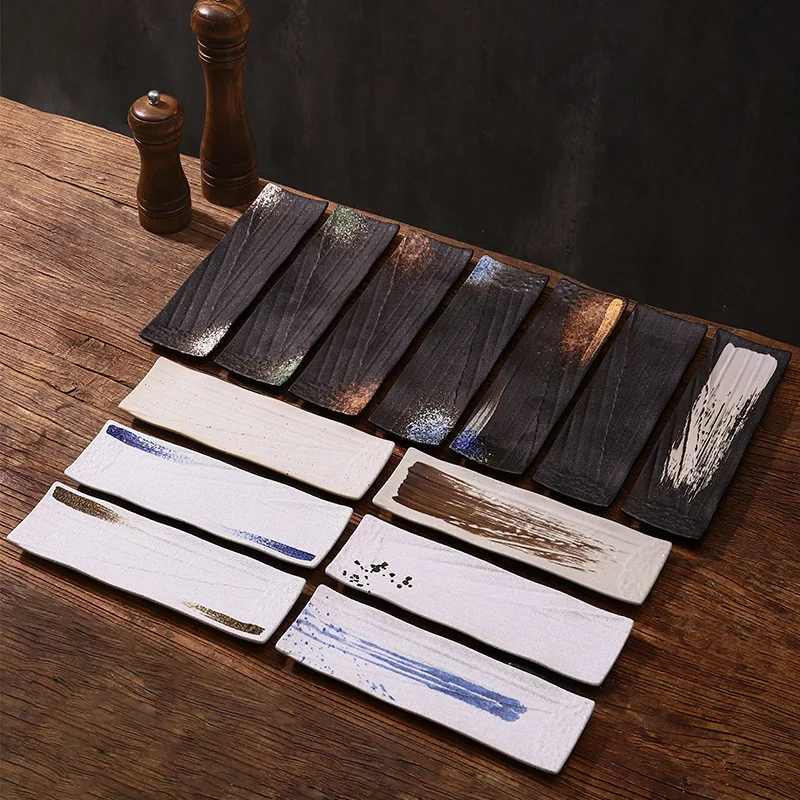 

Japanese sushi plate long commercial ceramic tableware creative stone saury plate barbecue sashim iong square