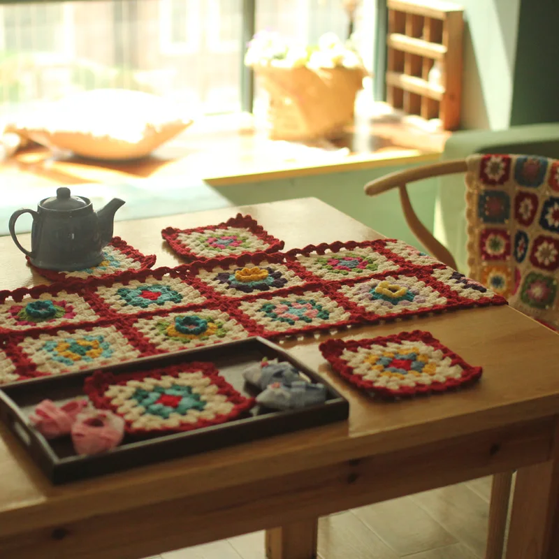 

European retro literary pastoral shawl blanket 3D flower table flag 33*220cm and 4pcs 17*17cm coaster set