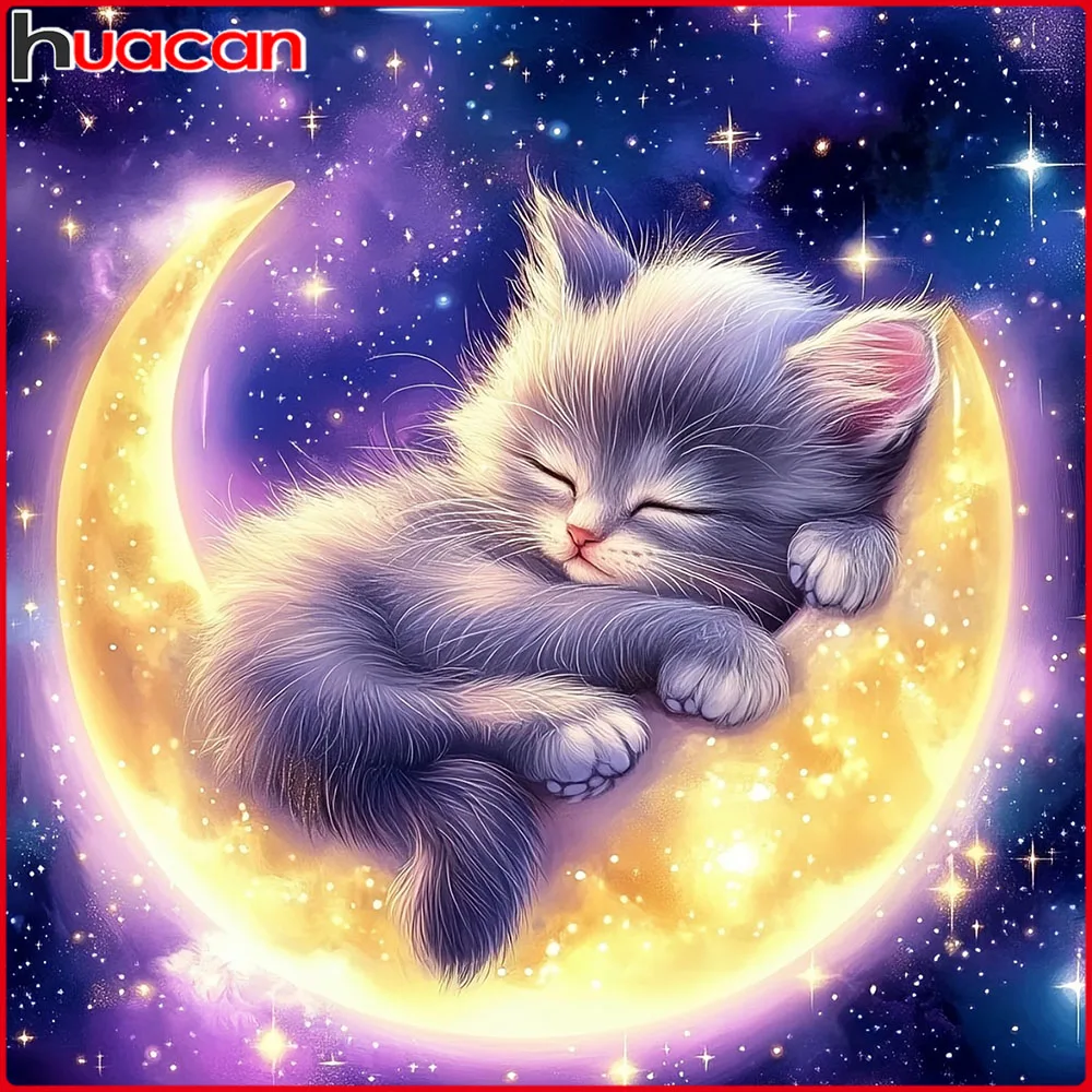 Huacan 5D DIY Diamantmalerei Katze am Mond Diamantmosaik Tier-Landschaft Neues 2026 Bild aus Strasssteinen