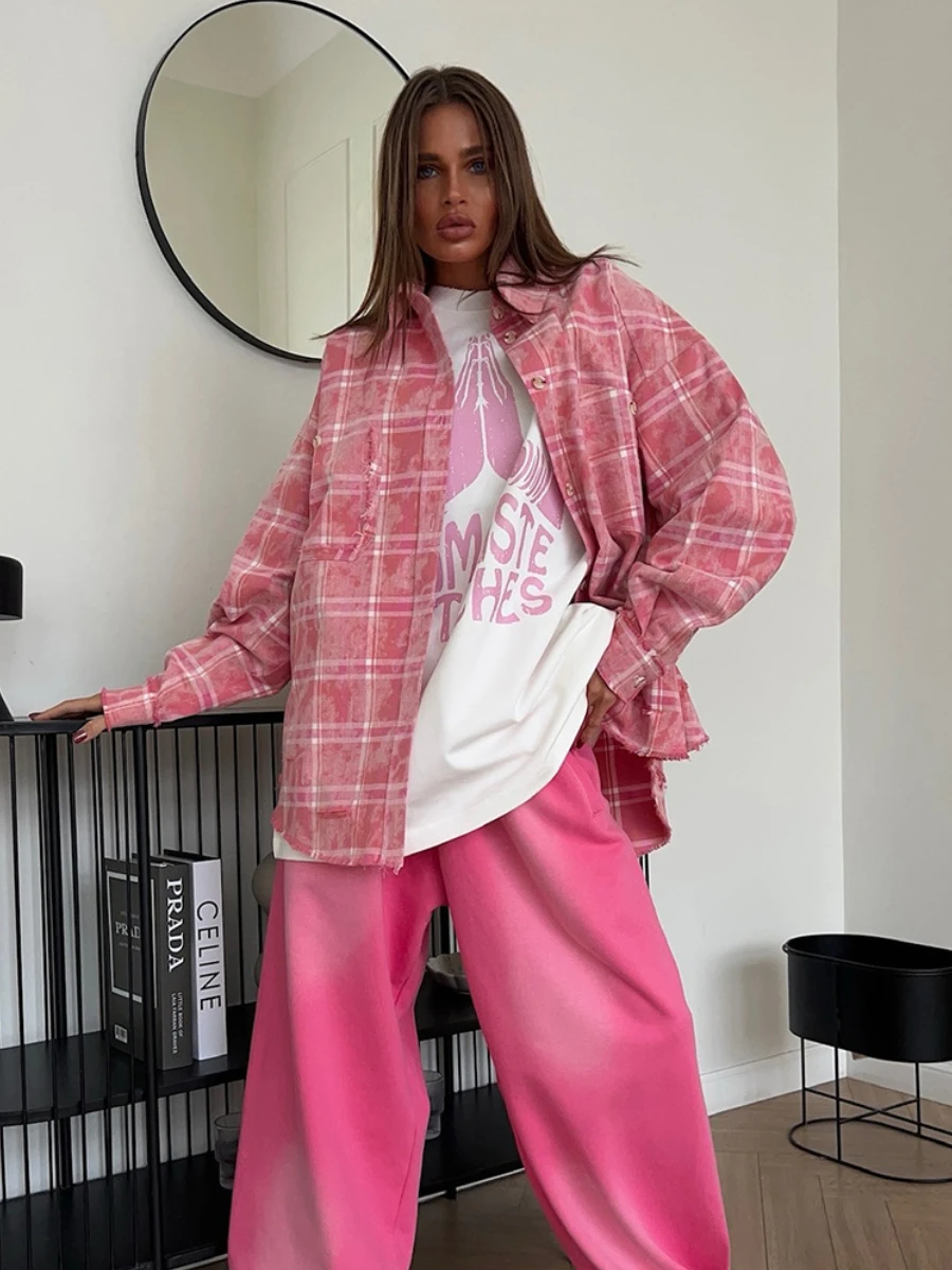 

Blubelle 2025 Spring Summer New Fashion Pink Plaid Pocket Shirt Women's Retro Checkered Loose Casual Long Sleeves Coat Shirt