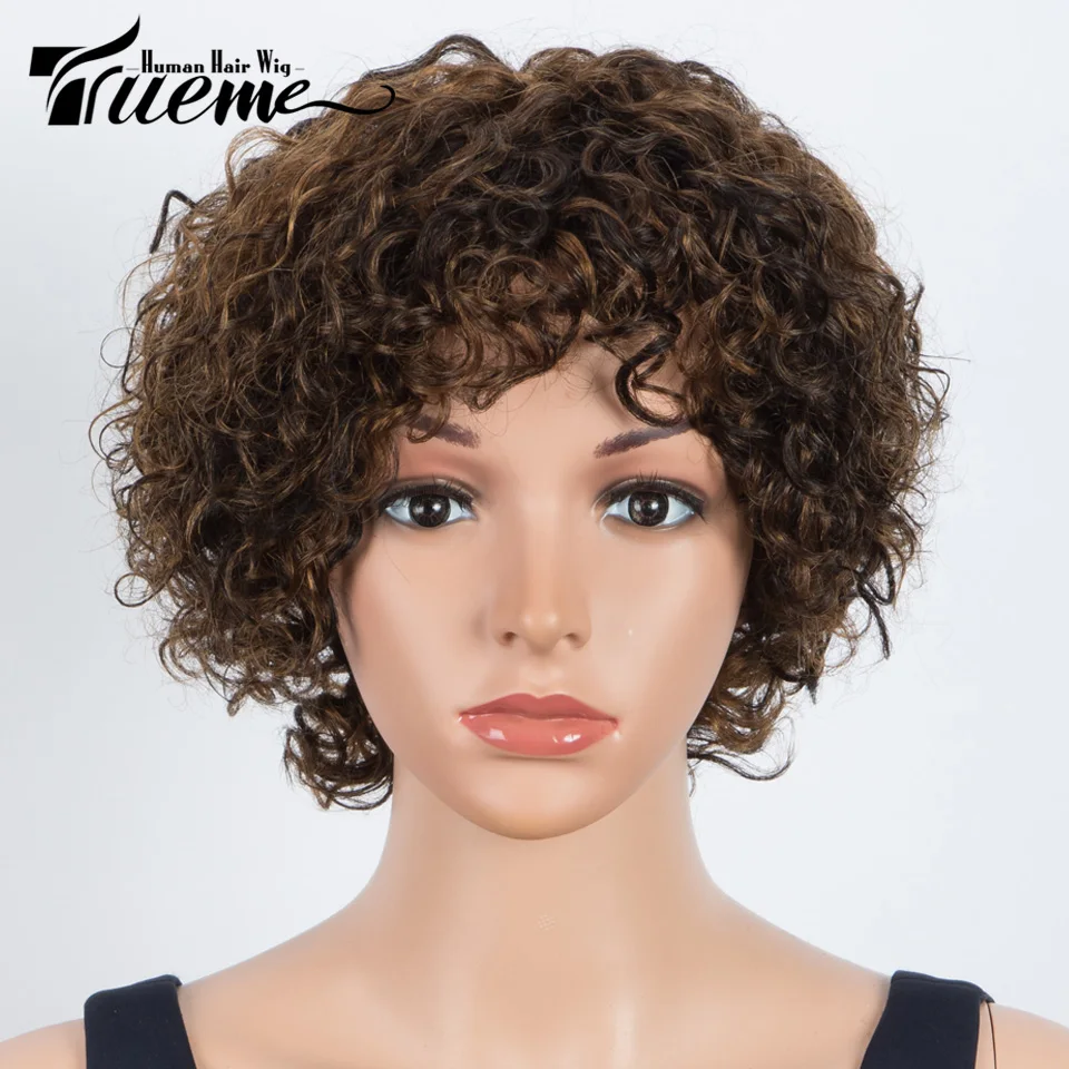 

Trueme Highlight Short Curly Human Hair Wigs For Women Pixie Cut Brazilian Jerry Curl Bob Human Hair Wig With Bangs Burgundy Wig