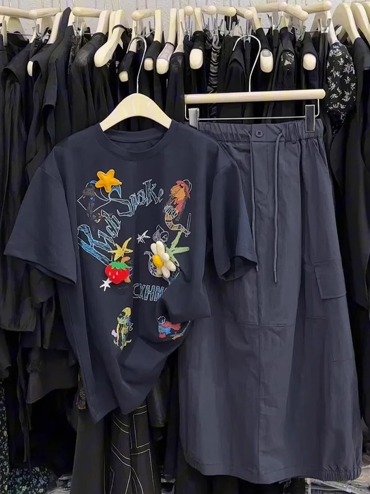 

Шикарный корейский комплект из двух предметов, лето 2021, модная свободная футболка с юбкой, женский ансамбль Ele