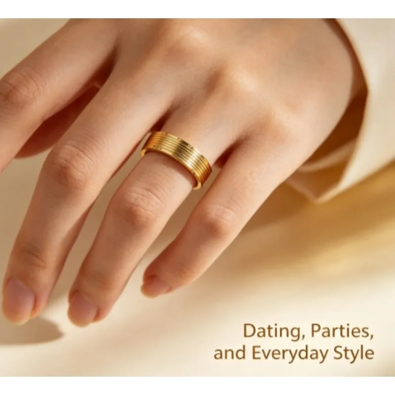 18K Gold Plated Grooved Stainless Steel Ring, Unisex Number Engraved Stackable Finger Band, Waterproof Minimalist Daily Wear