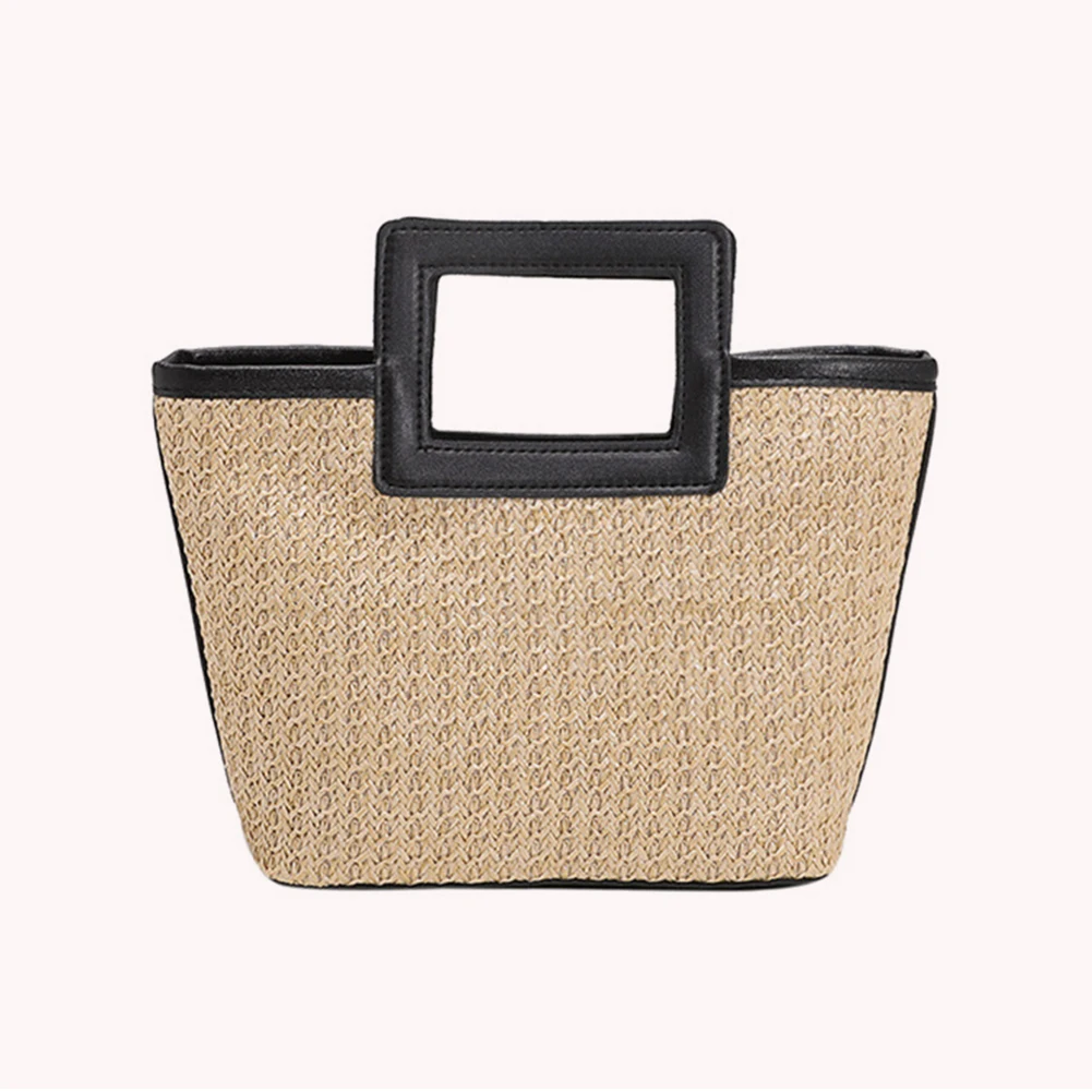 Women Straw Tote Handbag PU Leather Casual Travel Handbag Color Clash Versatile Weaving Bag Summer Beach Handbag