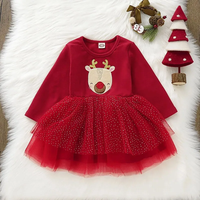 Newborn Baby Christmas Dress Outfit Long Sleeve Red Dress Infant Girls Dress