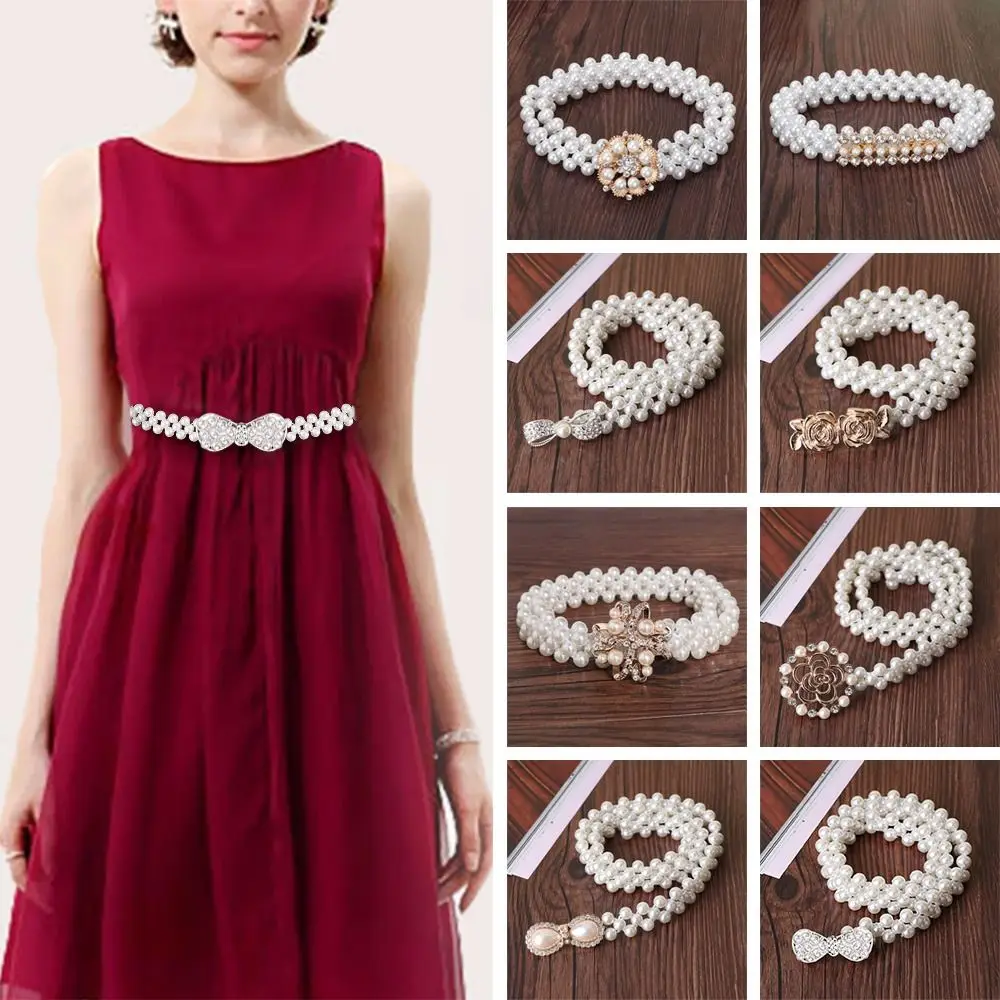 

Fashion Ladies' Elastic Waistband with Pearl Thin Simple Pearl Waist Belt Elegant Rhinestone Waist Chain For Women