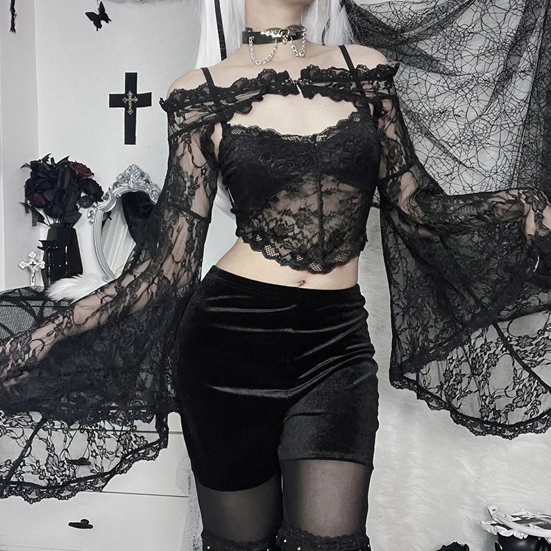 Goth Y2k Punk Sexy Crop Tops Women Button Patchwork Lace See Through Flared Long Sleeve Blouse Cardigan Streetwear T Shirts