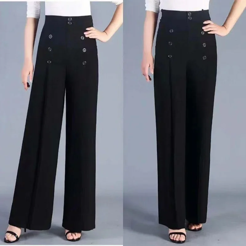 Pantalon d'été à double boutonnage pour femmes, taille haute, élastique, jambes larges, monochromatique, mode simple, respirant, fin, droit, fjA97