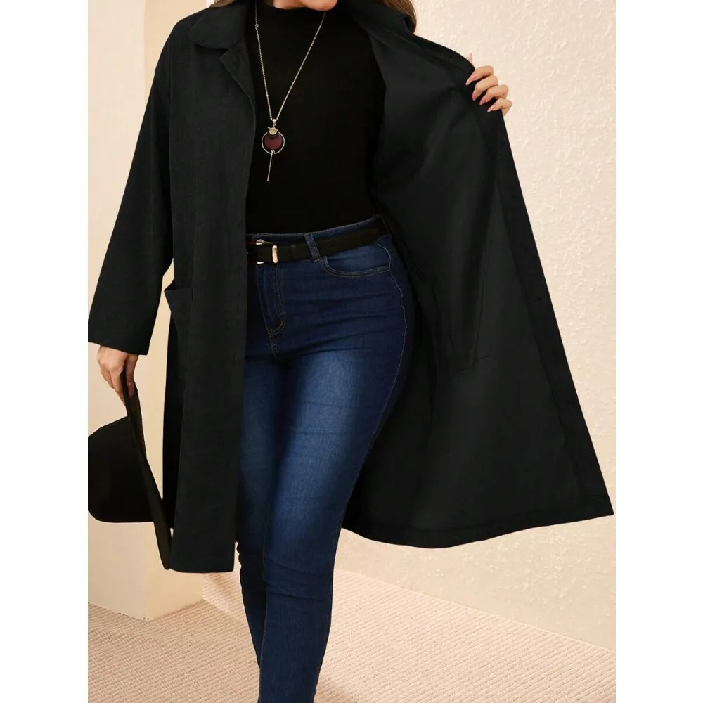 เสื้อโค้ทเทรนช์โค้ทผู้หญิงไซส์ใหญ่ รุ่น Winter Plus-Size สีพื้น กระดุมแถวเดียว สไตล์เรียบง่าย แฟชั่นลำลอง ใช้งานได้หลากหลาย