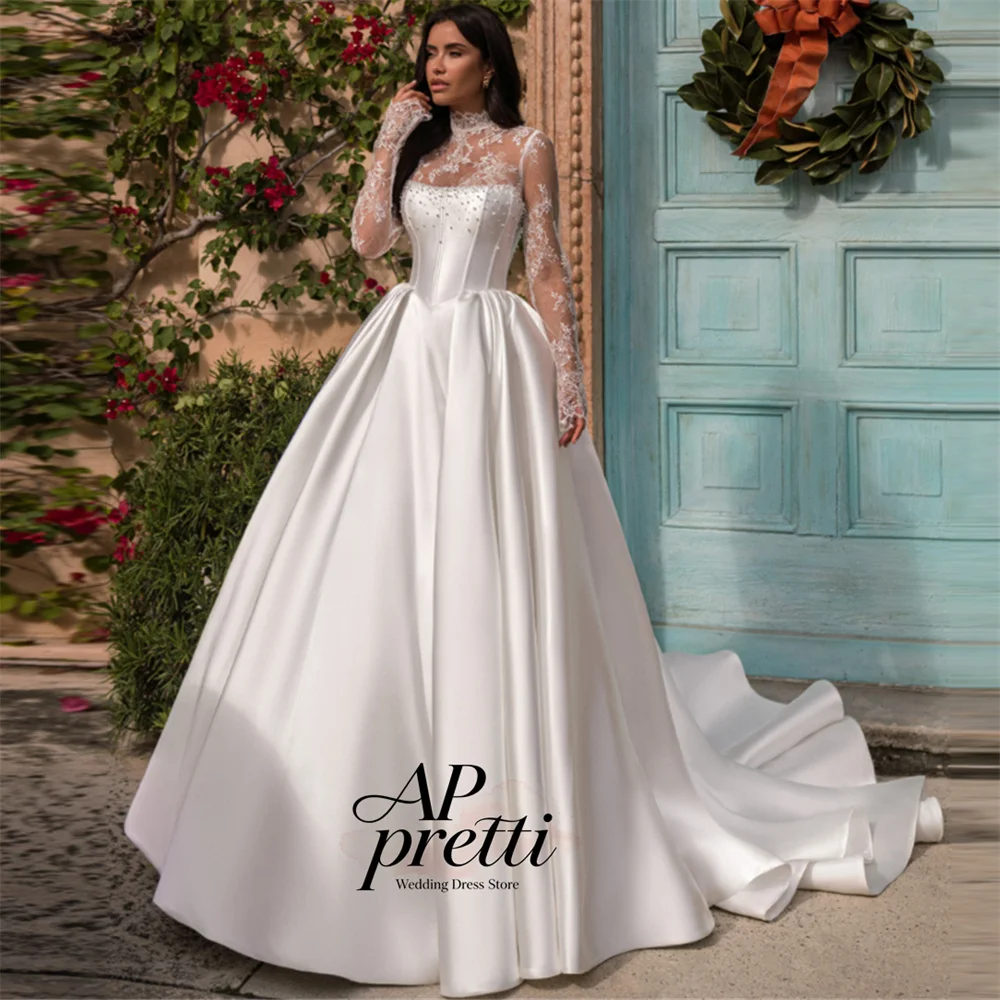 AP Apretti Gorgeous High Neck Beading Bridal Gown Long Sleeves Lace A-line Satin Wedding Dresses For Woman Customized ﻿