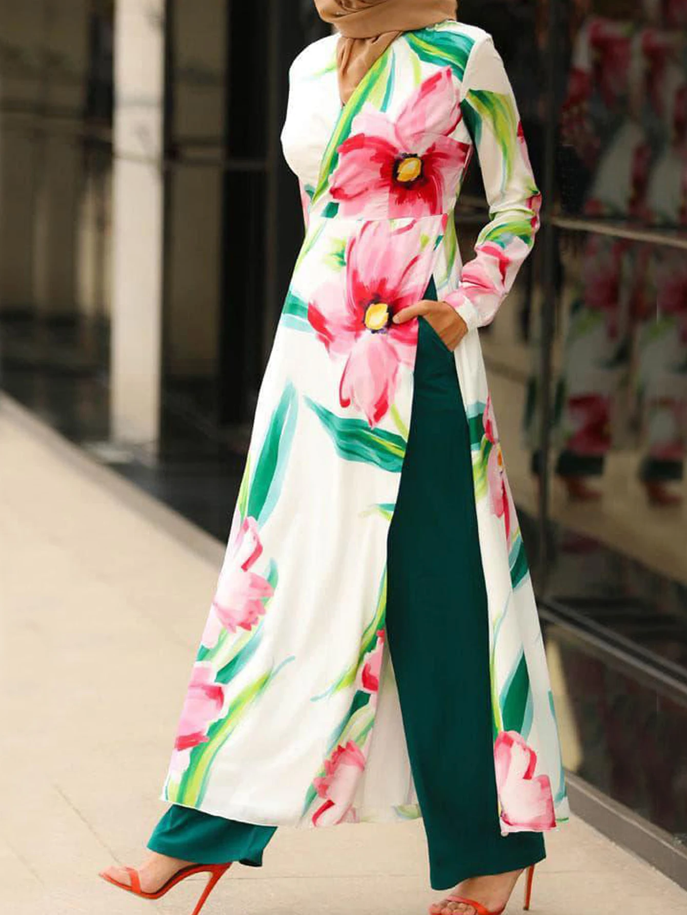Vintage Stylish Muslim Suit 2PCS Long Sleeve Blouse Pant Sets Islamic Clothing Female Casual Floral Printed Matching Sets