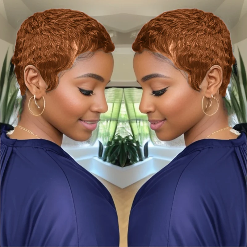 브라질 인모 풀 머신 메이드 가발 짧은 레이어드 픽시 헤어컷 여성용 헤어스타일