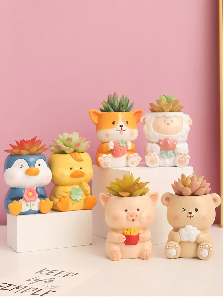 Cute Animal Planter for Succulents Plants, Resin Flower Pots Multifunctional Container Pencil Holder, for Home Office Decoration