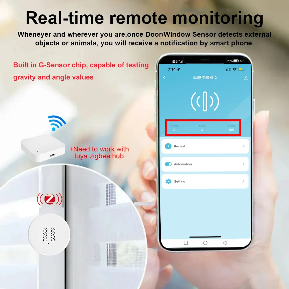 Imagem -03 - Tuya Smart Life Zigbee Sensor de Vibração Detector de Inclinação Monitor em Tempo Real Controle de Aplicativos Proteção de Segurança Alarme de Choque