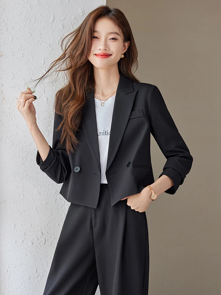 Gray Suit Jacket Women's Commute Professional Interview Outfit Set Fashionable Straight Cut Polyester Long Sleeve Short Length