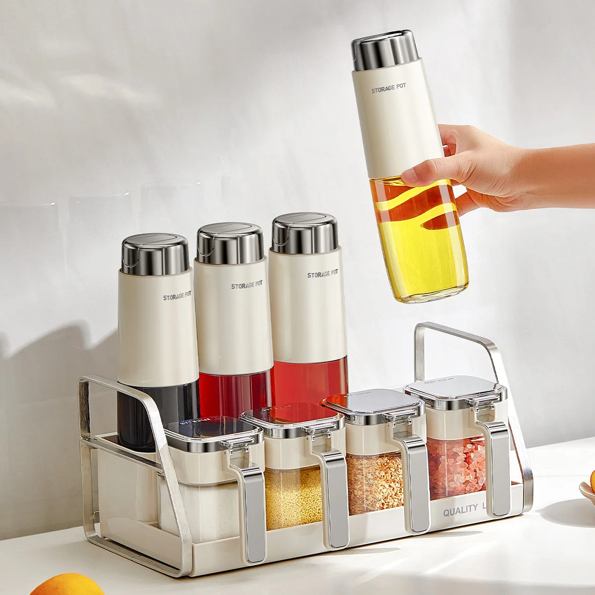 

Kitchen Gadget Olive Oil Bottle Salt Sugar Seasoning Jars Set Kitchen Organizer Container With Stainless Steel Rack