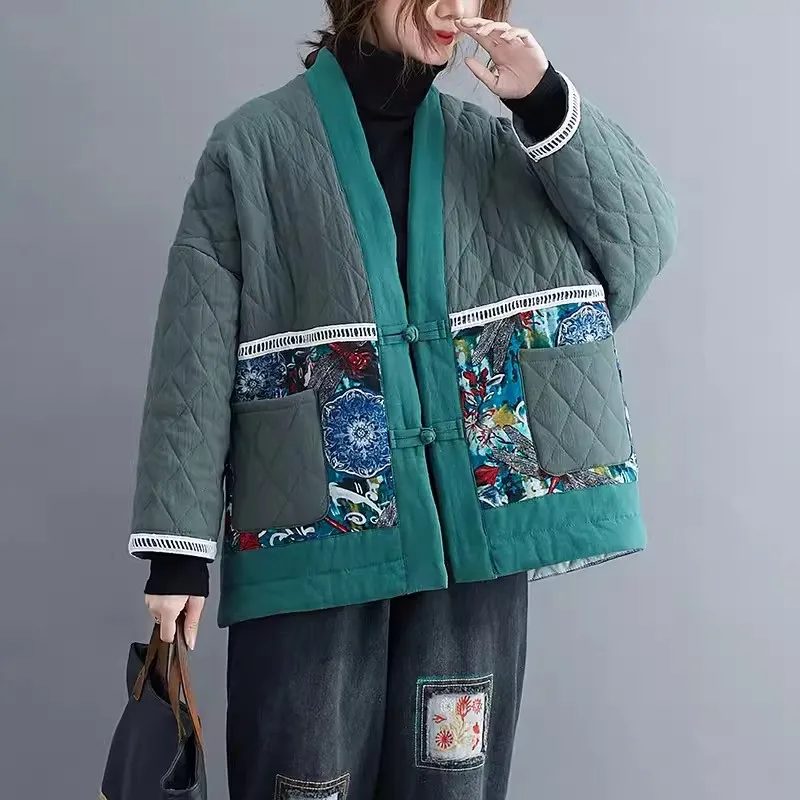 Veste matelassurera en coton et lin avec boutons pour femme, manteau décontracté, parkas d'automne et d'hiver, nouveau, 2024