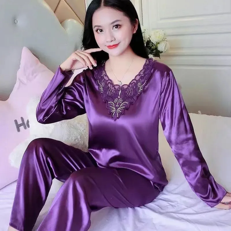 Female High-grade Home Clothing Set Summer Ladies Large Size 4XL Pajamas Two-piece Set Women Long Sleeve Silk Nightgown Outfit image 2