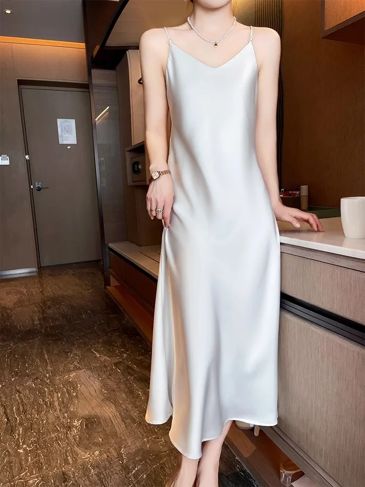 Red Acetate Satin ter Dr Women's 2025 New Sle Suit Inner Wear Long Dr High Waist A-Line Skirt V-Ne Svel