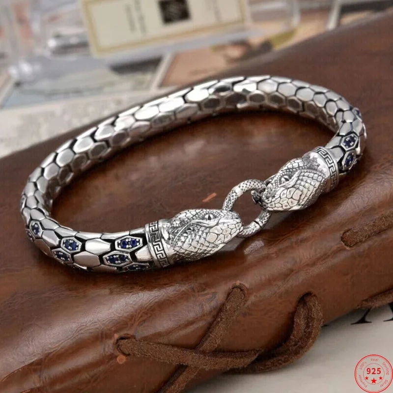 S925 Sterling Silver Charms Bracelets for Men Emboss Double Head Pattern Snake Pattern 8mm Bangle Fashion Jewelry