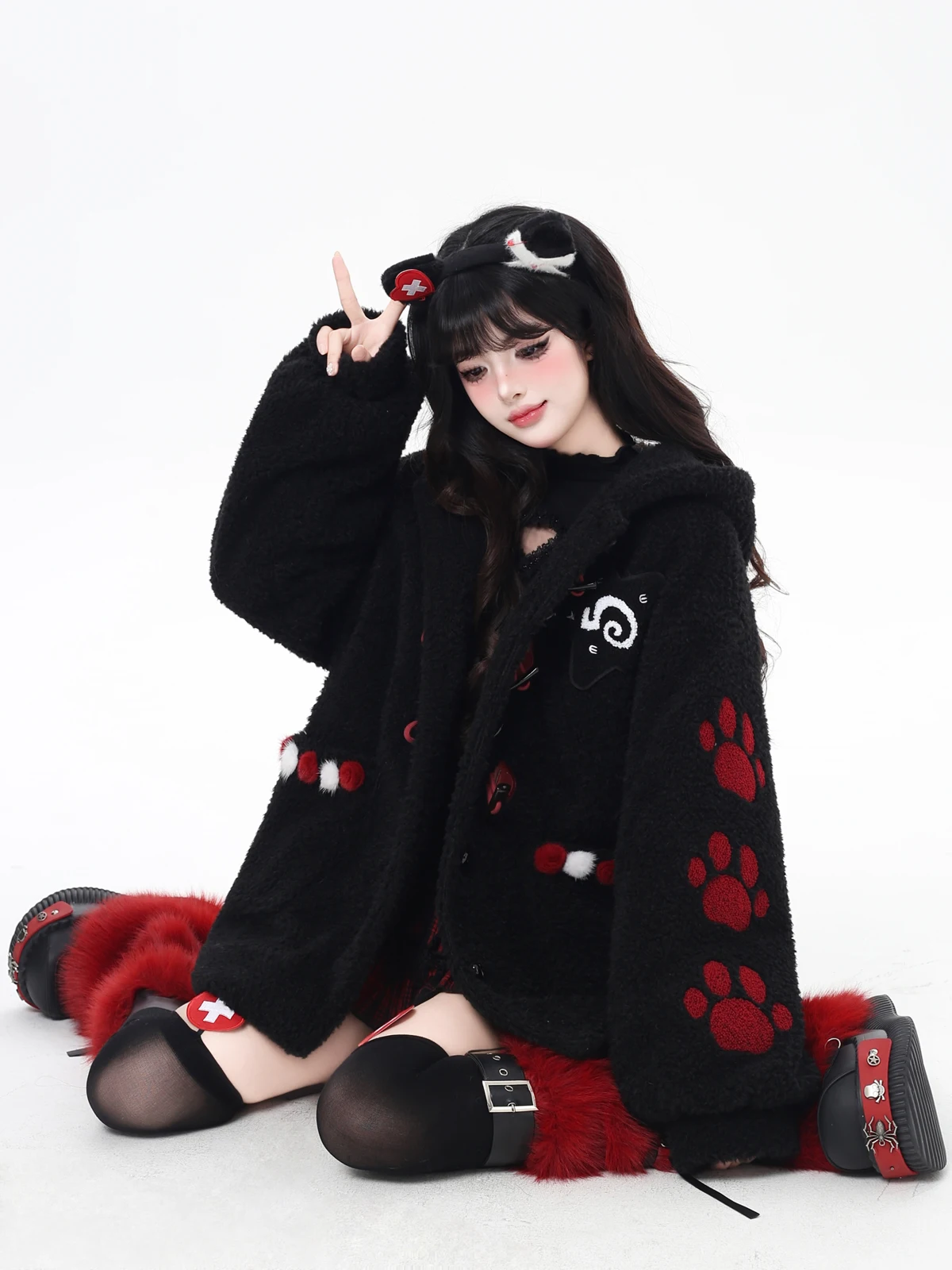 Winterkleding Losse middellange schattige kattenpootborduurwerk Warm roze lamswollen katoenen jas met capuchon voor dames