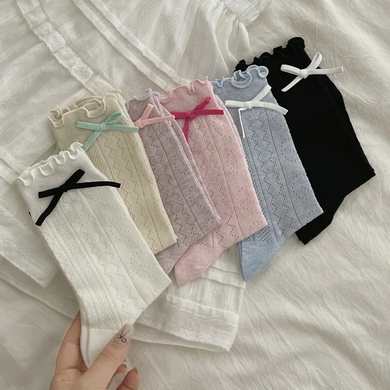 1/6 Pairs Sweet Girl with Lace Fungus Edge Heart-shaped Hollow Out Middle Tube Socks Candy Color Colorful Bow Thin Short Socks