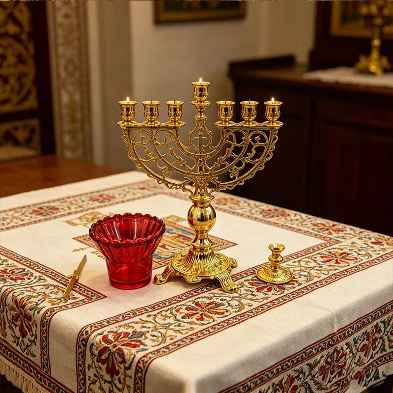Vintage Vergoldetes Orthodoxes Kerzenhalter-Set mit Kreuz-Design und Rotem Glas für Heimaltar, Kirche, Gebet, Christliches Geschenk, Dekoration – Detail 4
