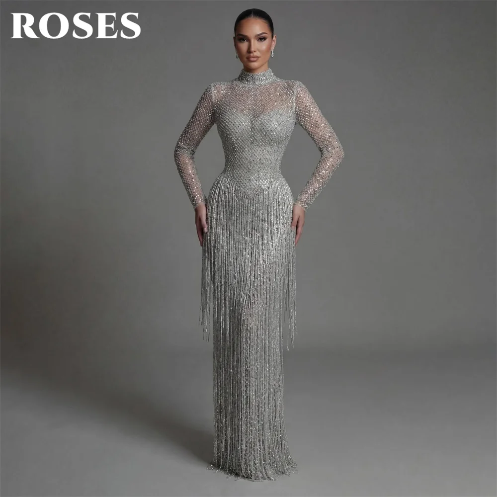 ROSES Sliver Sequin Evening Gown High Neck Off Shoulder Full Sleeve Prom Dress Wedding Evening Dress robes de soirée Customized