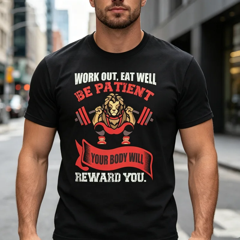 Work Out Eat Well Be Patient Fitness Graphic T Shirt Men Women Cotton Short Sleeve Workout Top