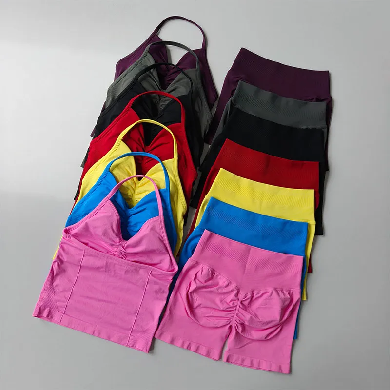 Nahtloses Fitness-Zweiteiler-Set für Damen, hochelastischer gestrickter Sport-BH und Yoga-Shorts-Set, schönes Rückendesign, Po-Lifting-Weste – Detail 14