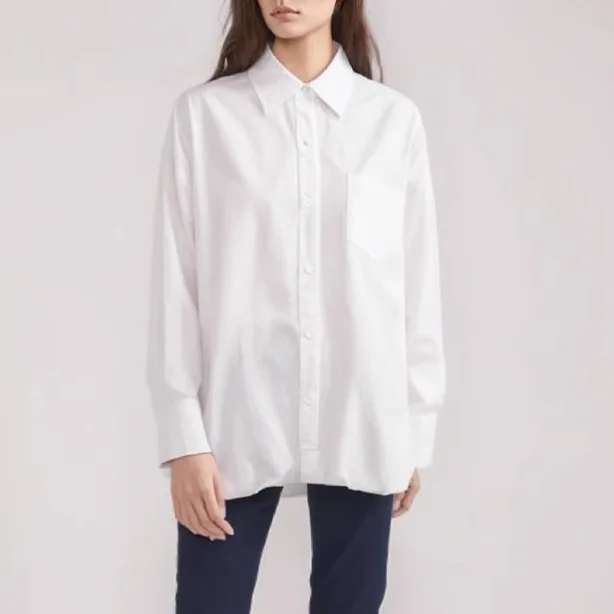 Japanese Style Simple Lapel Shirt for Women Autumn New Pleating Hem Design Sense Loose Casual Top