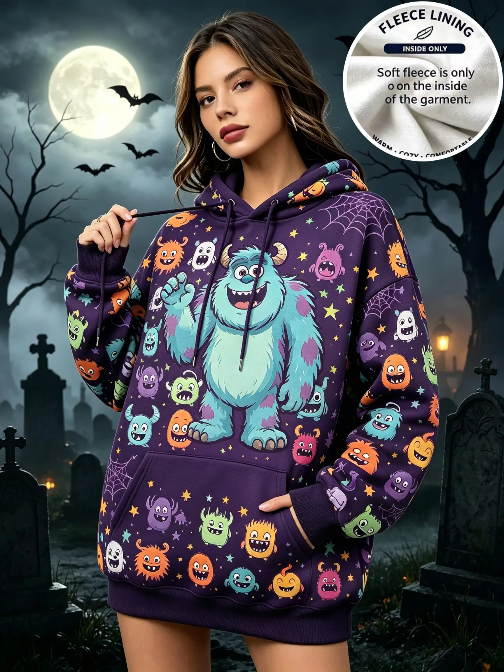 Sudadera con capucha de forro polar para mujer, con estampado de monstruos, fantasmas y estrellas, ideal para Halloween, con bolsillo azul marino y diseño informal.
