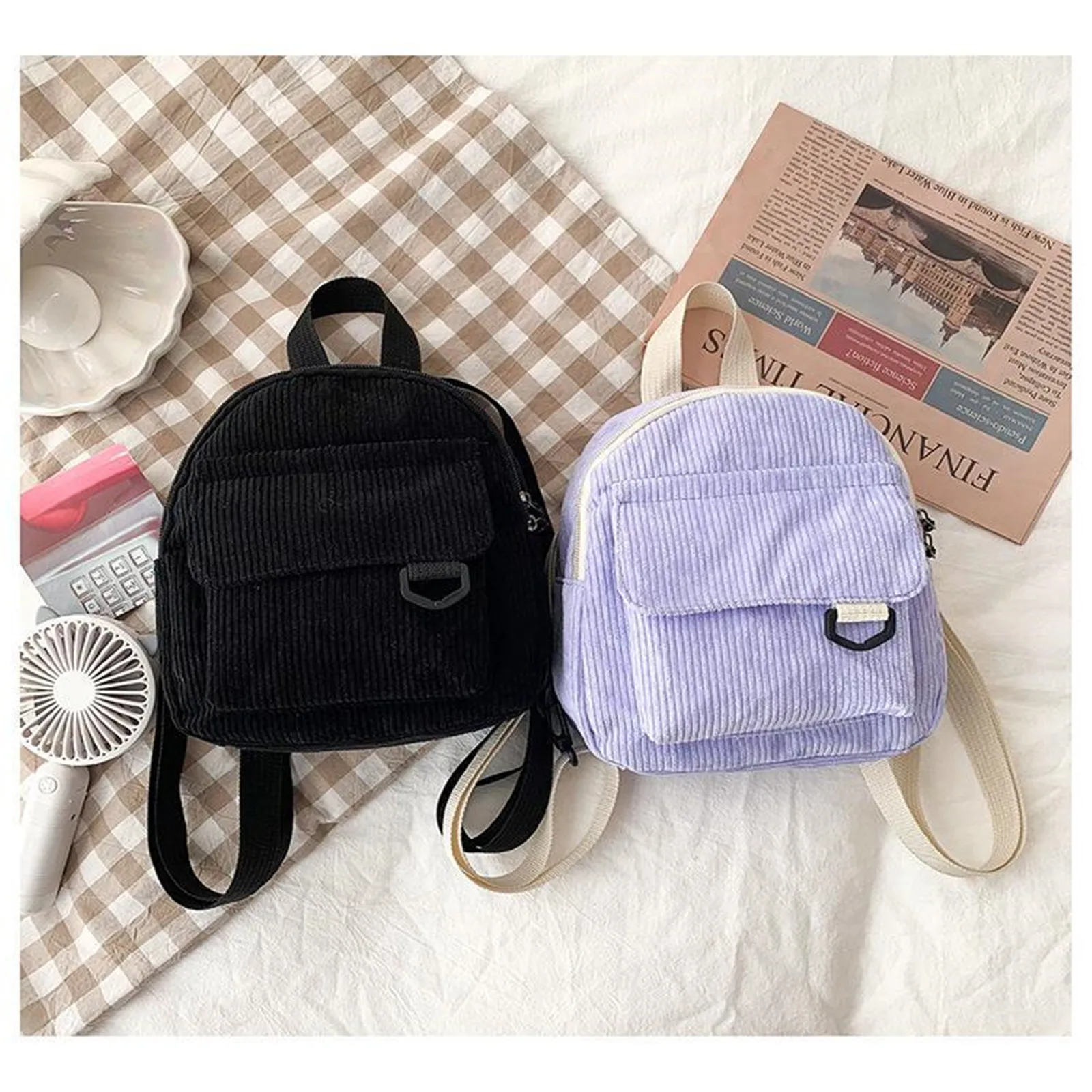 Mini sac à dos en velours côtelé solide pour femmes, petits sacs à dos pour documents, sacs à livres simples et décontractés pour étudiants, sacs à