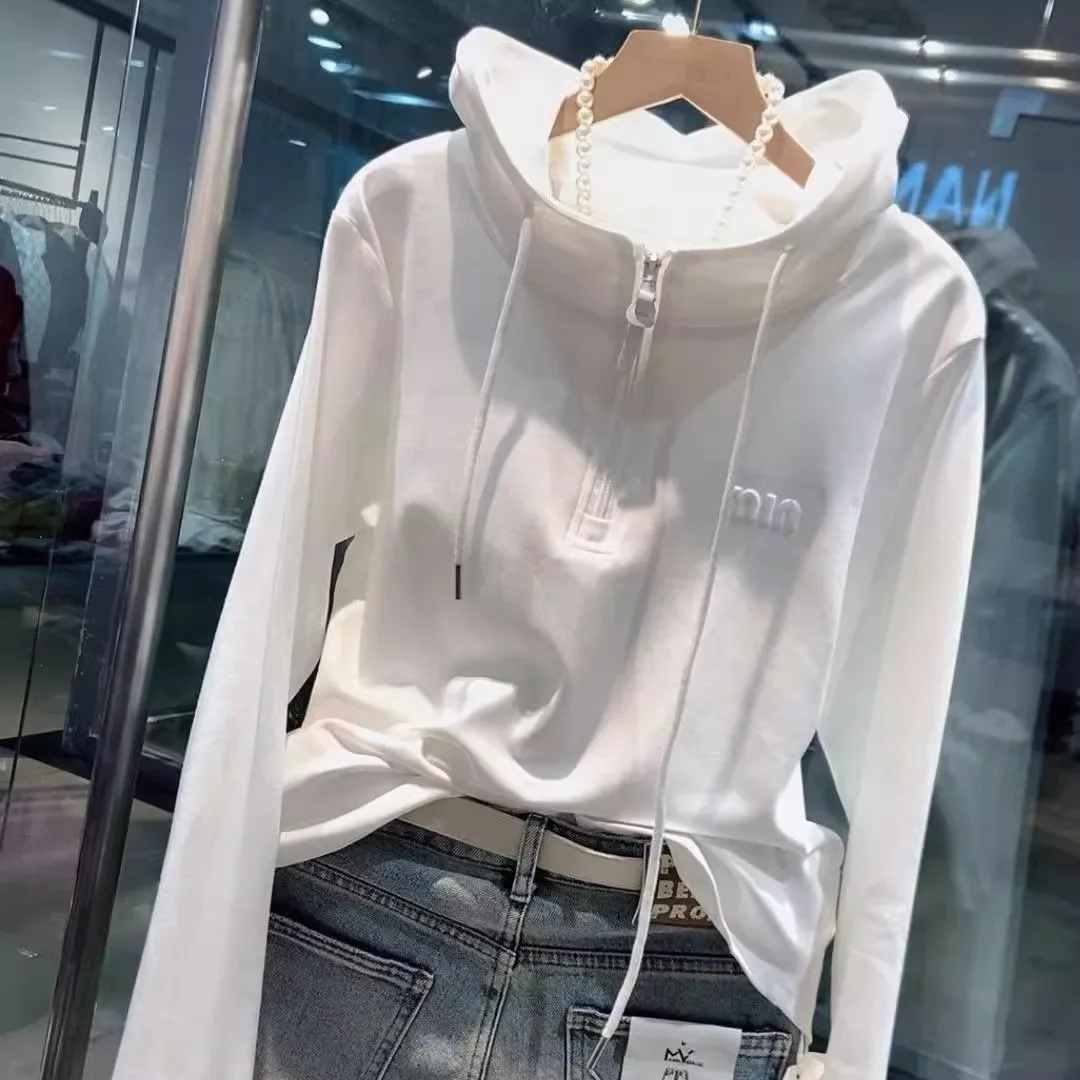 

Oversized spring new 3D letter patchwork zipper hooded top trend women's long-sleeved T-shirt