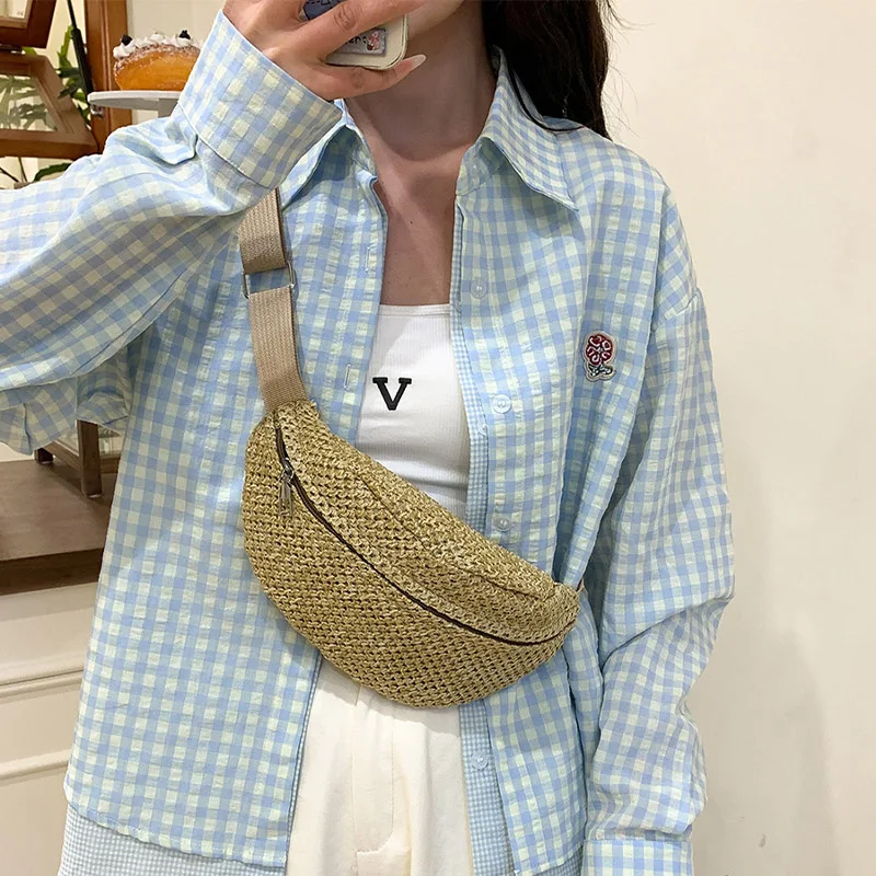 

Summer female retro cute straw woven waist bag portable adjustable large capacity mobile phone holder anti-theft sports handbag