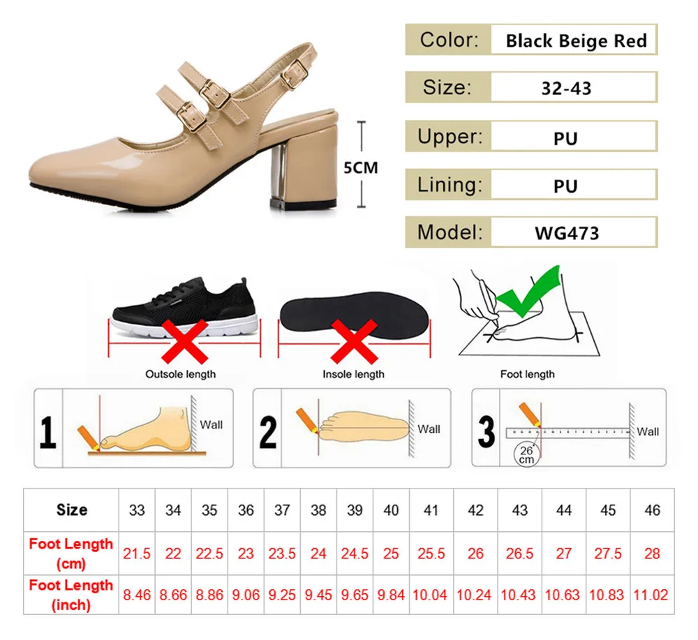 Spring Women Pumps Thick High Heel Mary Janes Shoes Round Toe Autumn Office Dress Party Bridal Red Lady Slingbacks Big Size32-43